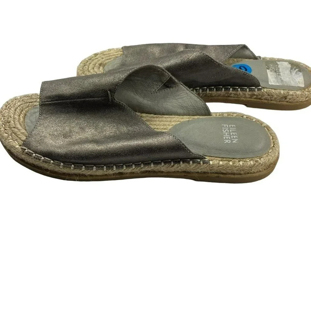 Eileen Fisher Metallic Pewter Milly Mule Espadrille Leather‎ Open Toe Sandals 10